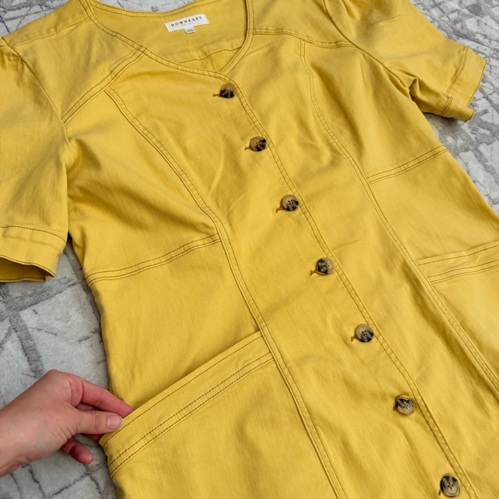 DownEast Jennika Yellow Jean Dress XXL Button Front V Neck Casual Chic Pockets - Picture 3 of 8